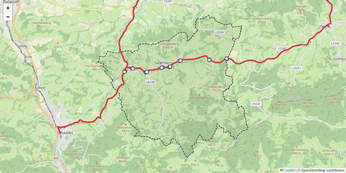 Nahverkehrsnetz in st-georgen-an-der-leys, Österreich - Buslinien, Haltestellen und Verbindungen auf der Karte