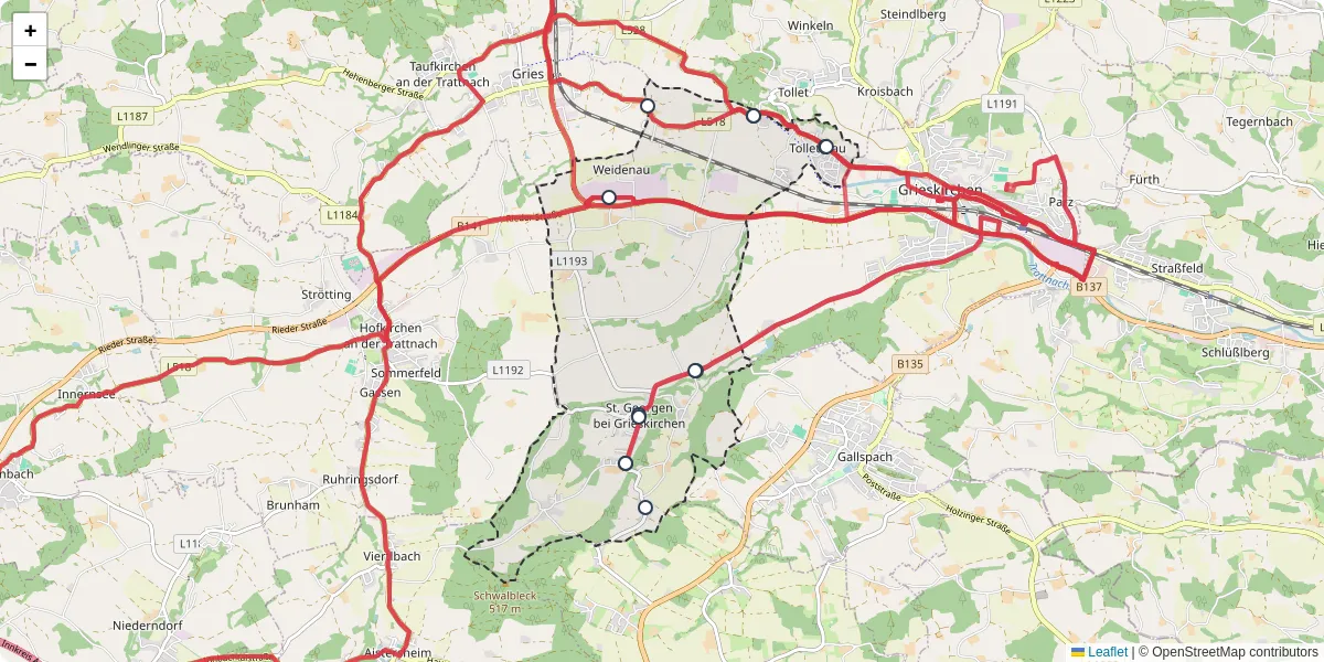 Nahverkehrsnetz in st-georgen-bei-grieskirchen, Österreich - Buslinien, Haltestellen und Verbindungen auf der Karte