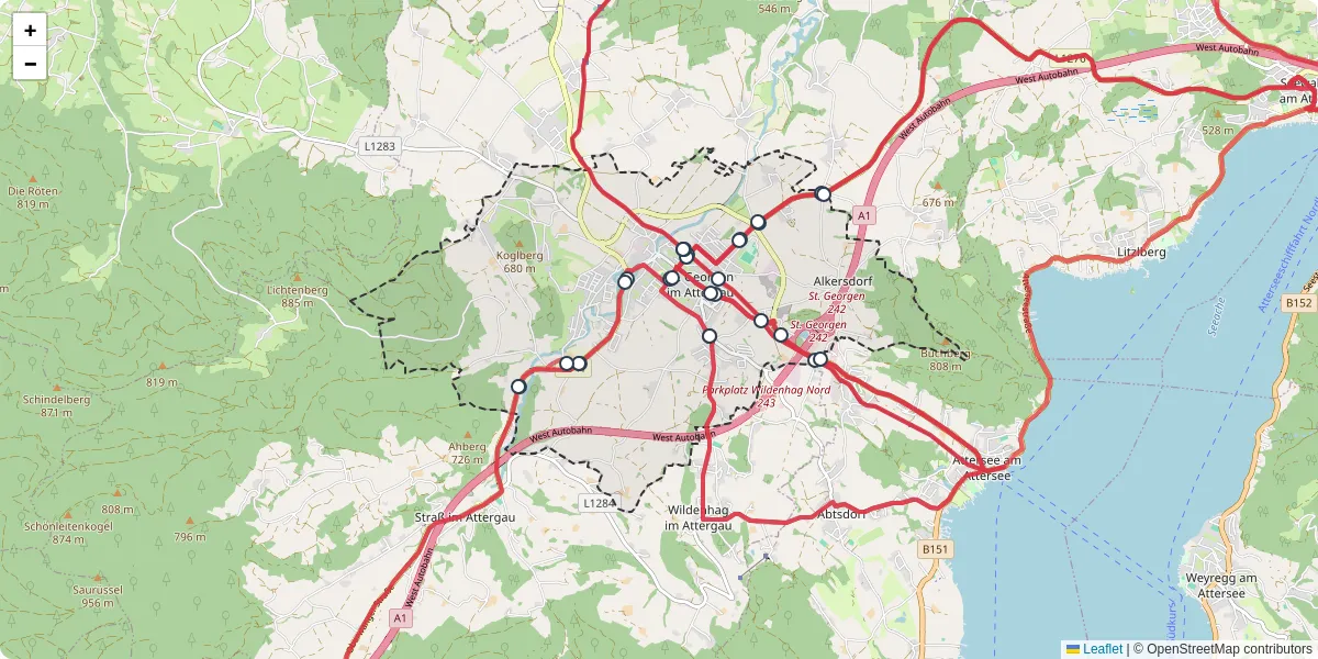 Nahverkehrsnetz in st-georgen-im-attergau, Österreich - Buslinien, Haltestellen und Verbindungen auf der Karte