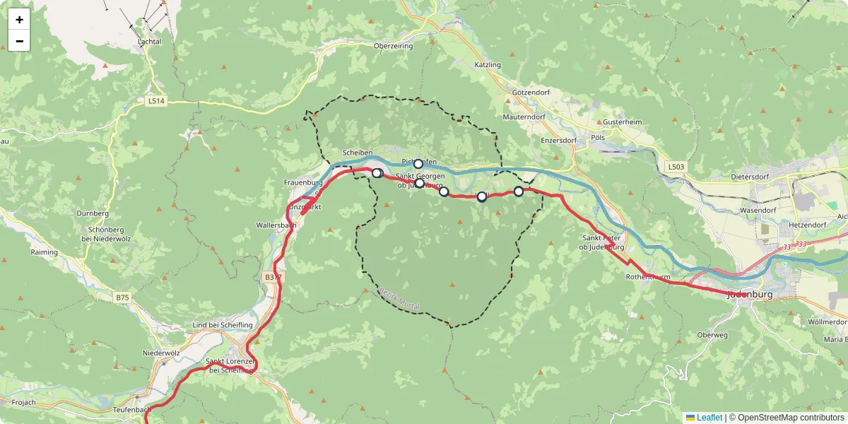 Nahverkehrsnetz in st-georgen-ob-judenburg, Österreich - Buslinien, Haltestellen und Verbindungen auf der Karte