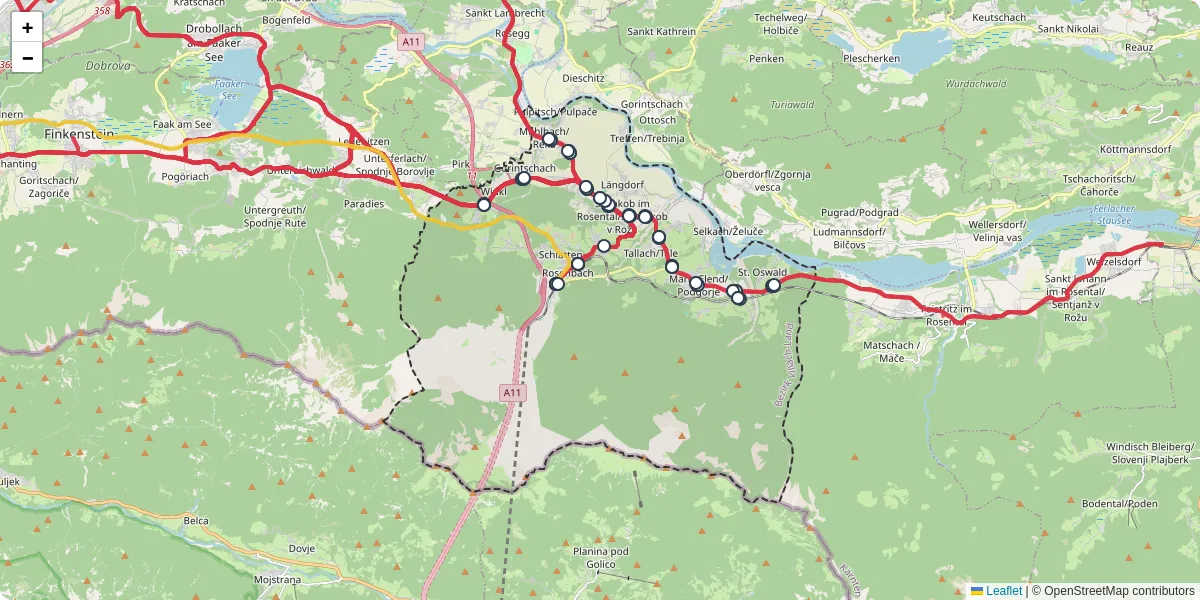 Nahverkehrsnetz in st-jakob-im-rosental, Österreich - Buslinien, Haltestellen und Verbindungen auf der Karte