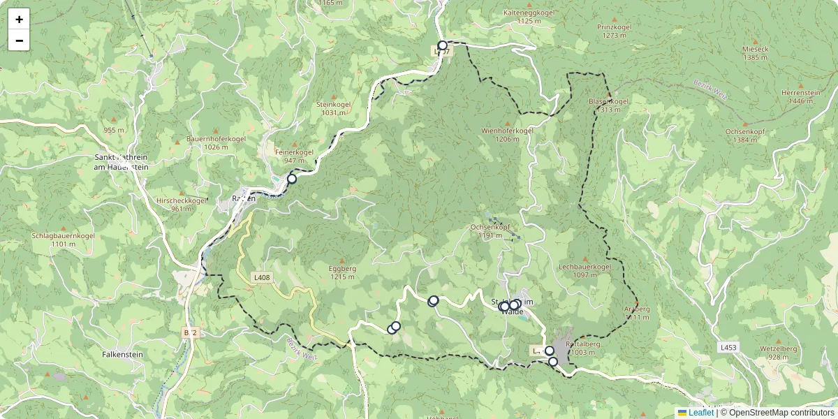 Nahverkehrsnetz in st-jakob-im-walde, Österreich - Buslinien, Haltestellen und Verbindungen auf der Karte