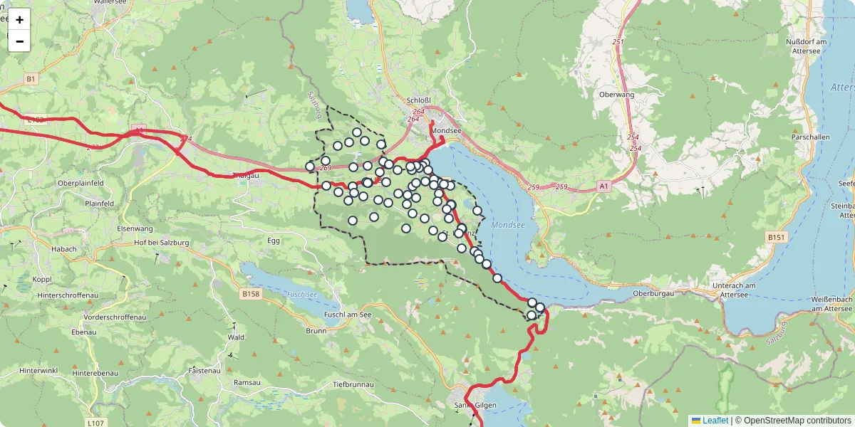 Nahverkehrsnetz in st-lorenz, Österreich - Buslinien, Haltestellen und Verbindungen auf der Karte