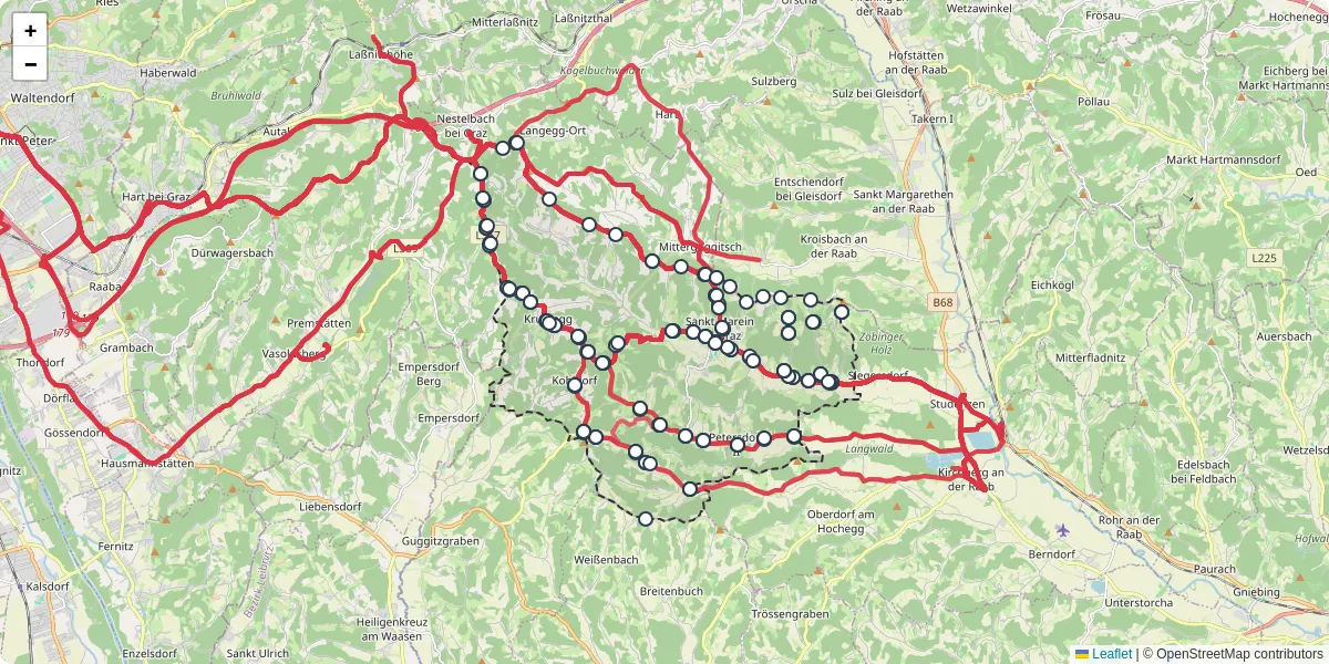 Nahverkehrsnetz in st-marein-bei-graz, Österreich - Buslinien, Haltestellen und Verbindungen auf der Karte