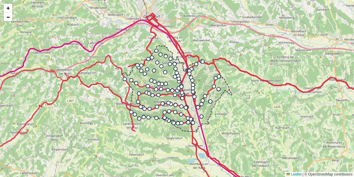 Nahverkehrsnetz in st-margarethen-an-der-raab, Österreich - Buslinien, Haltestellen und Verbindungen auf der Karte