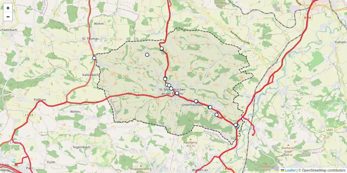 Nahverkehrsnetz in st-marienkirchen-an-der-polsenz, Österreich - Buslinien, Haltestellen und Verbindungen auf der Karte