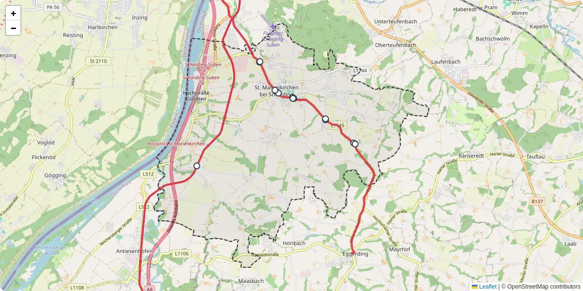 Nahverkehrsnetz in st-marienkirchen-bei-scharding, Österreich - Buslinien, Haltestellen und Verbindungen auf der Karte