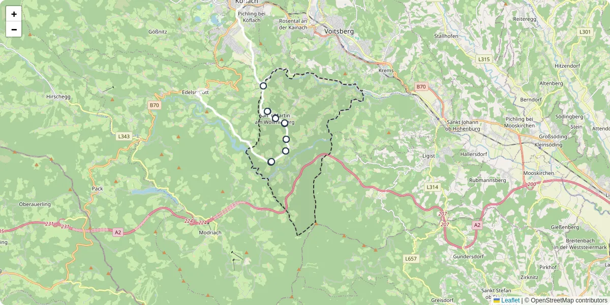 Nahverkehrsnetz in st-martin-am-wollmiberg, Österreich - Buslinien, Haltestellen und Verbindungen auf der Karte