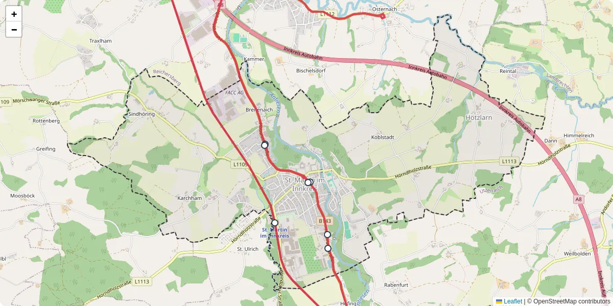 Nahverkehrsnetz in st-martin-im-innkreis, Österreich - Buslinien, Haltestellen und Verbindungen auf der Karte