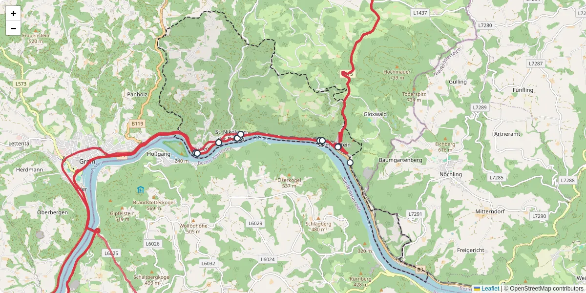 Nahverkehrsnetz in st-nikola-an-der-donau, Österreich - Buslinien, Haltestellen und Verbindungen auf der Karte