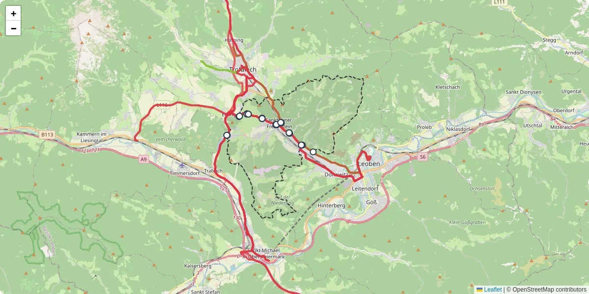 Nahverkehrsnetz in st-peter-freienstein, Österreich - Buslinien, Haltestellen und Verbindungen auf der Karte
