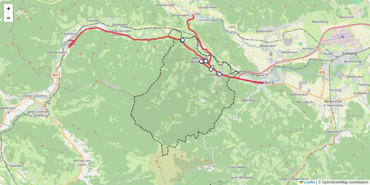 Nahverkehrsnetz in st-peter-ob-judenburg, Österreich - Buslinien, Haltestellen und Verbindungen auf der Karte