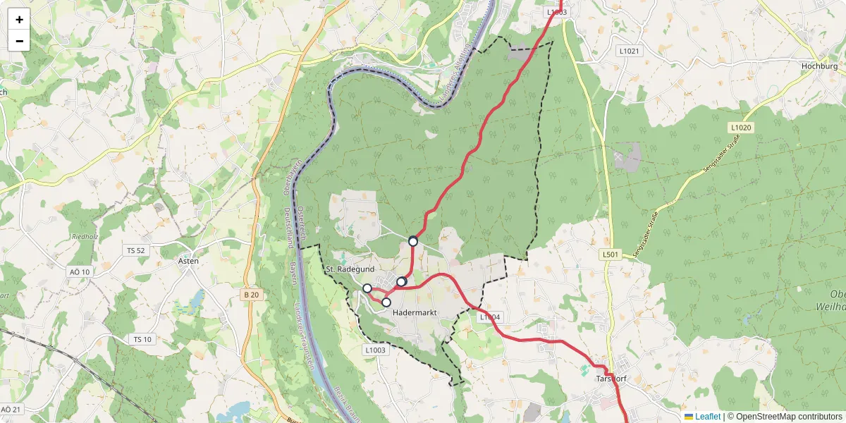 Nahverkehrsnetz in st-radegund, Österreich - Buslinien, Haltestellen und Verbindungen auf der Karte
