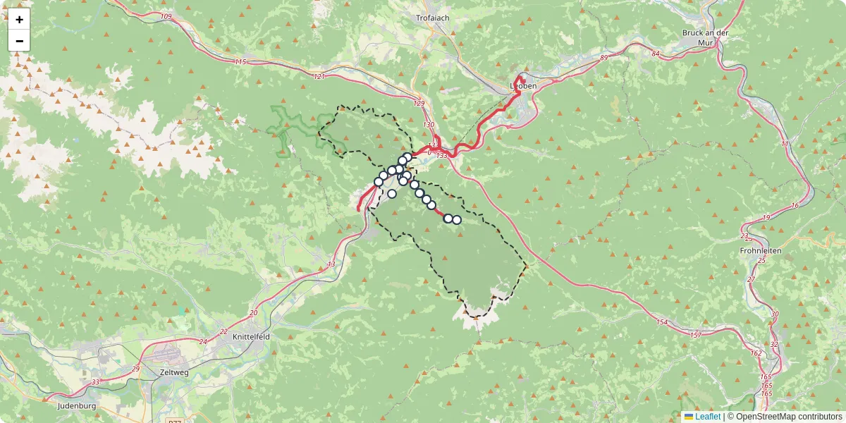 Nahverkehrsnetz in st-stefan-ob-leoben, Österreich - Buslinien, Haltestellen und Verbindungen auf der Karte