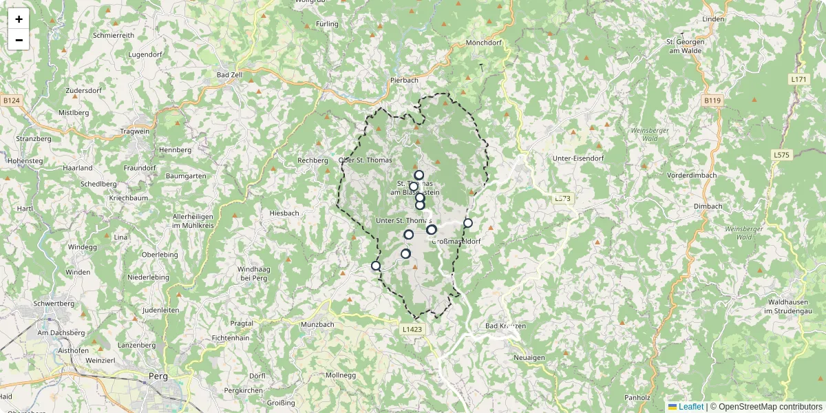 Nahverkehrsnetz in st-thomas-am-blasenstein, Österreich - Buslinien, Haltestellen und Verbindungen auf der Karte