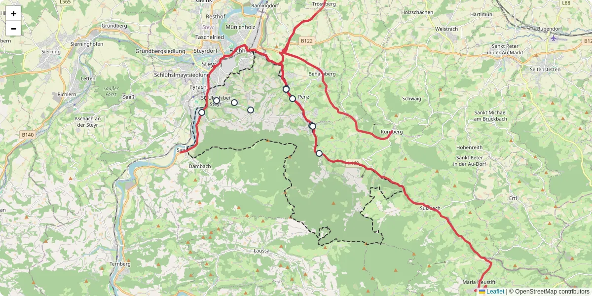 Nahverkehrsnetz in st-ulrich-bei-steyr, Österreich - Buslinien, Haltestellen und Verbindungen auf der Karte