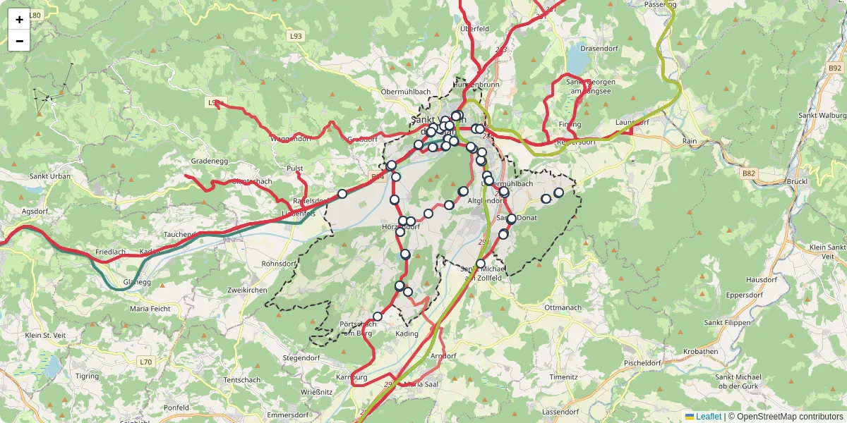 Nahverkehrsnetz in st-veit-an-der-glan, Österreich - Buslinien, Haltestellen und Verbindungen auf der Karte