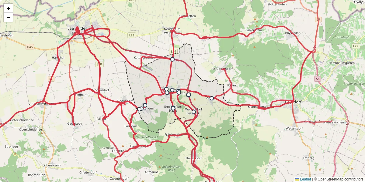 Nahverkehrsnetz in staatz, Österreich - Buslinien, Haltestellen und Verbindungen auf der Karte