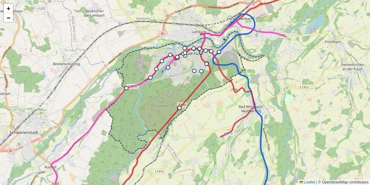 Nahverkehrsnetz in stadl-paura, Österreich - Buslinien, Haltestellen und Verbindungen auf der Karte