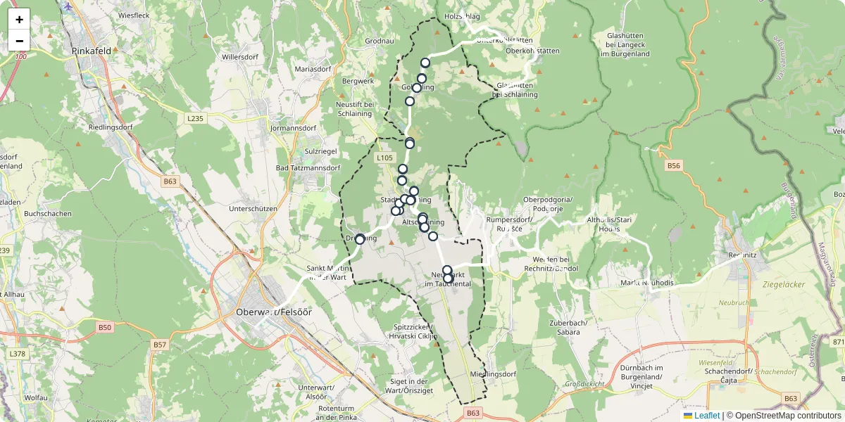 Nahverkehrsnetz in stadtschlaining, Österreich - Buslinien, Haltestellen und Verbindungen auf der Karte
