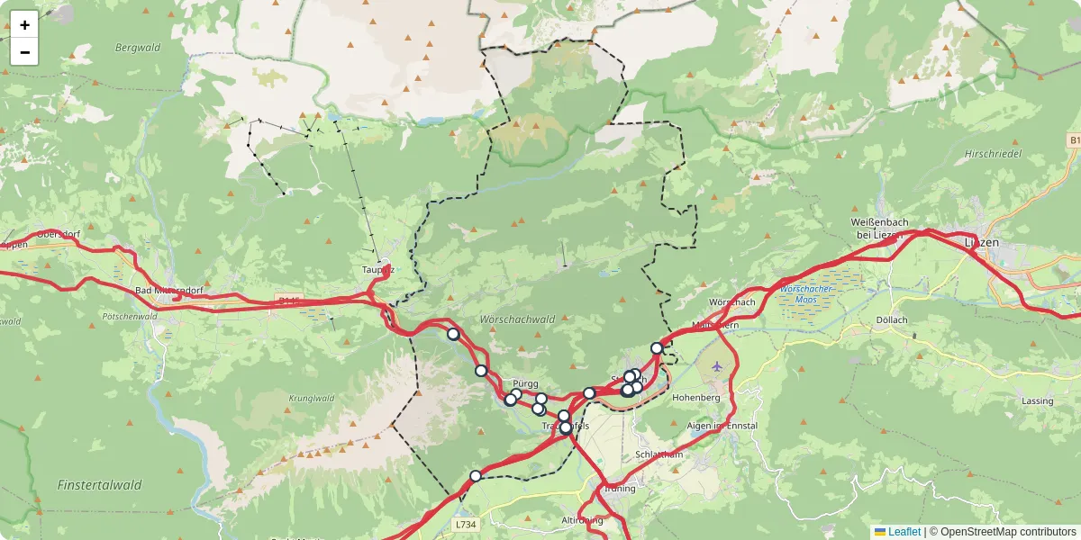 Nahverkehrsnetz in stainach-purgg, Österreich - Buslinien, Haltestellen und Verbindungen auf der Karte