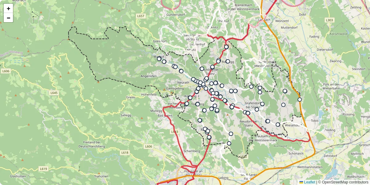 Nahverkehrsnetz in stainz, Österreich - Buslinien, Haltestellen und Verbindungen auf der Karte