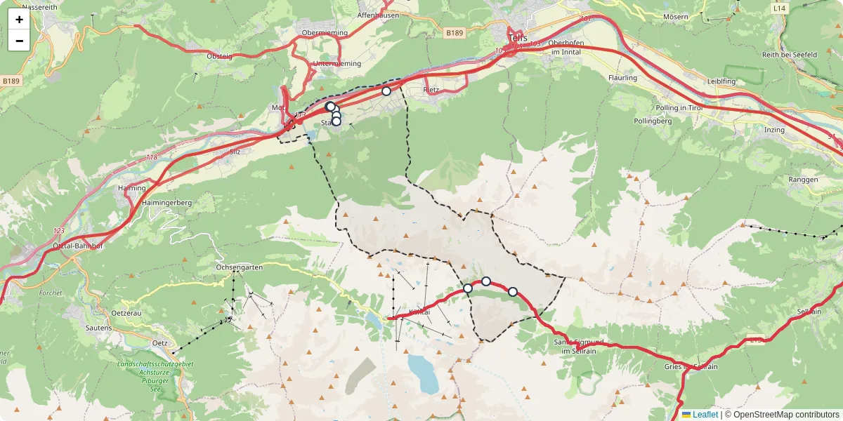 Nahverkehrsnetz in stams, Österreich - Buslinien, Haltestellen und Verbindungen auf der Karte