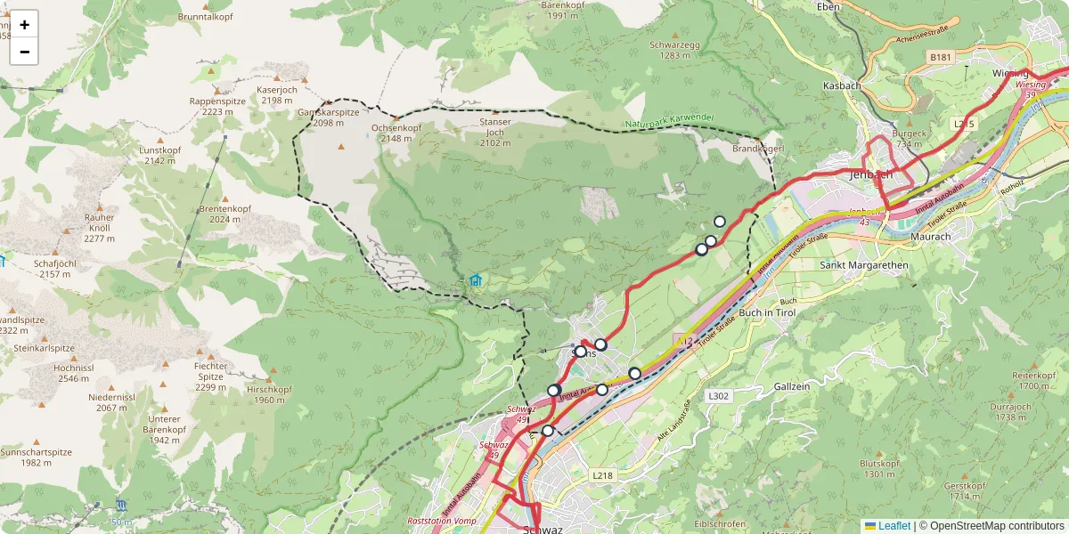 Nahverkehrsnetz in stans, Österreich - Buslinien, Haltestellen und Verbindungen auf der Karte