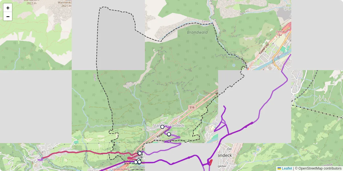 Nahverkehrsnetz in stanz-bei-landeck, Österreich - Buslinien, Haltestellen und Verbindungen auf der Karte
