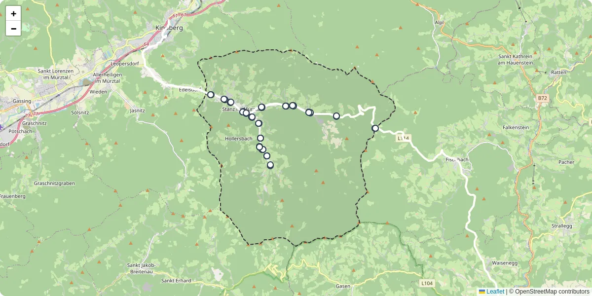 Nahverkehrsnetz in stanz-im-murztal, Österreich - Buslinien, Haltestellen und Verbindungen auf der Karte
