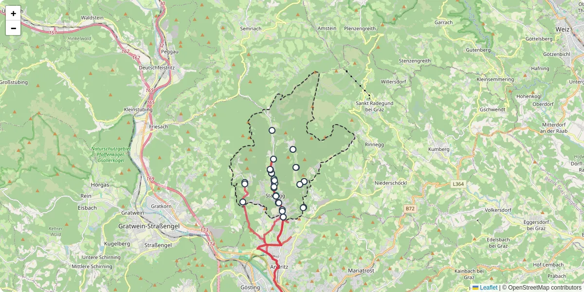 Nahverkehrsnetz in stattegg, Österreich - Buslinien, Haltestellen und Verbindungen auf der Karte