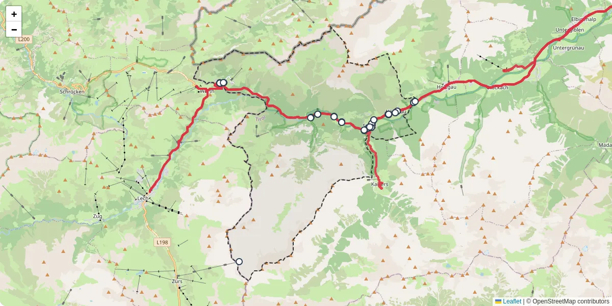 Nahverkehrsnetz in steeg, Österreich - Buslinien, Haltestellen und Verbindungen auf der Karte