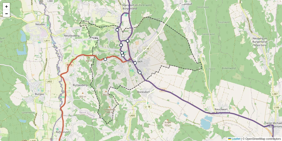 Nahverkehrsnetz in stegersbach, Österreich - Buslinien, Haltestellen und Verbindungen auf der Karte