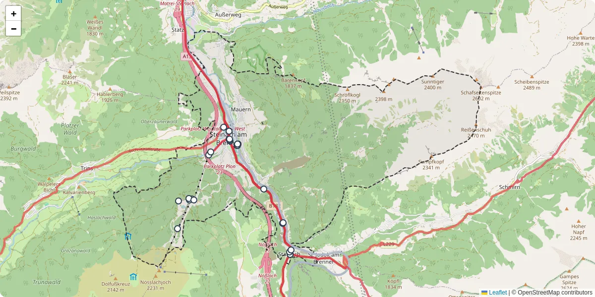 Nahverkehrsnetz in steinach-am-brenner, Österreich - Buslinien, Haltestellen und Verbindungen auf der Karte