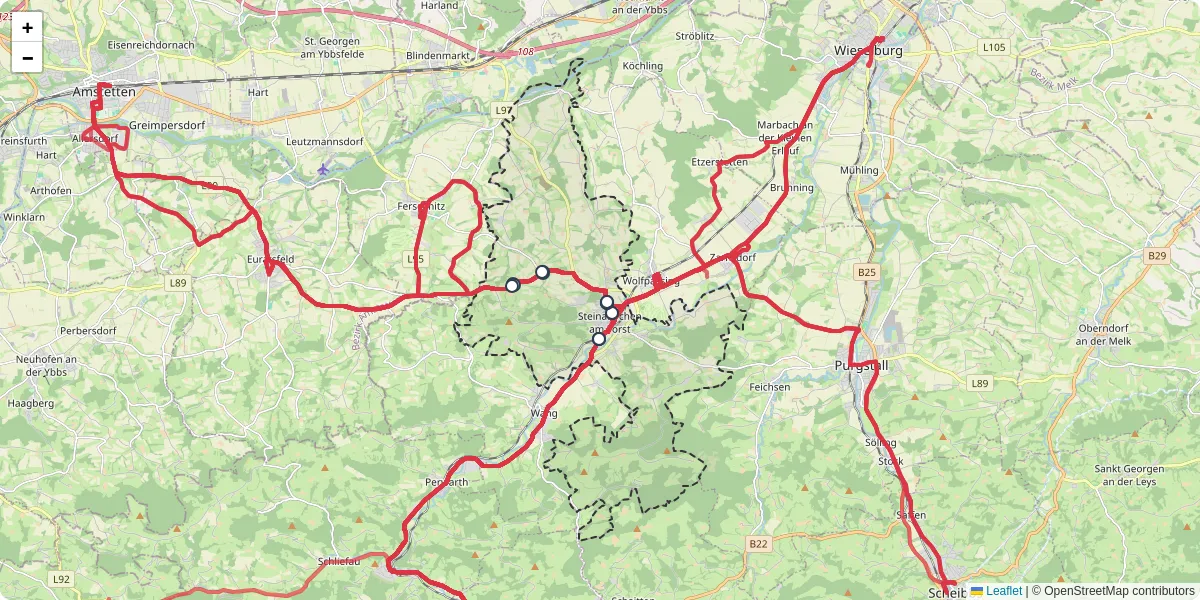 Nahverkehrsnetz in steinakirchen-am-forst, Österreich - Buslinien, Haltestellen und Verbindungen auf der Karte