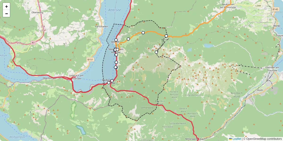 Nahverkehrsnetz in steinbach-am-attersee, Österreich - Buslinien, Haltestellen und Verbindungen auf der Karte