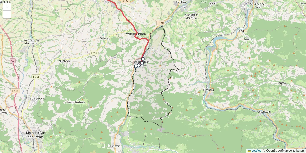 Nahverkehrsnetz in steinbach-an-der-steyr, Österreich - Buslinien, Haltestellen und Verbindungen auf der Karte
