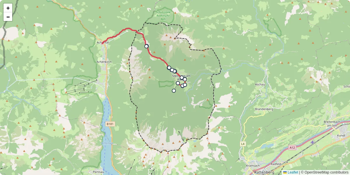 Nahverkehrsnetz in steinberg-am-rofan, Österreich - Buslinien, Haltestellen und Verbindungen auf der Karte