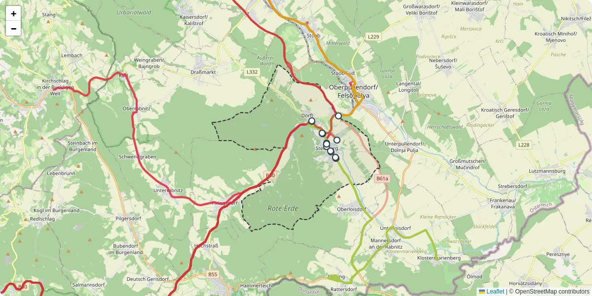 Nahverkehrsnetz in steinberg-dorfl, Österreich - Buslinien, Haltestellen und Verbindungen auf der Karte