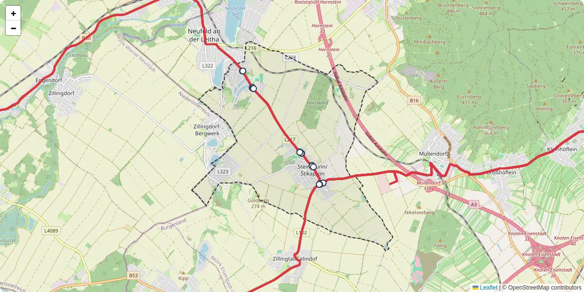 Nahverkehrsnetz in steinbrunn, Österreich - Buslinien, Haltestellen und Verbindungen auf der Karte