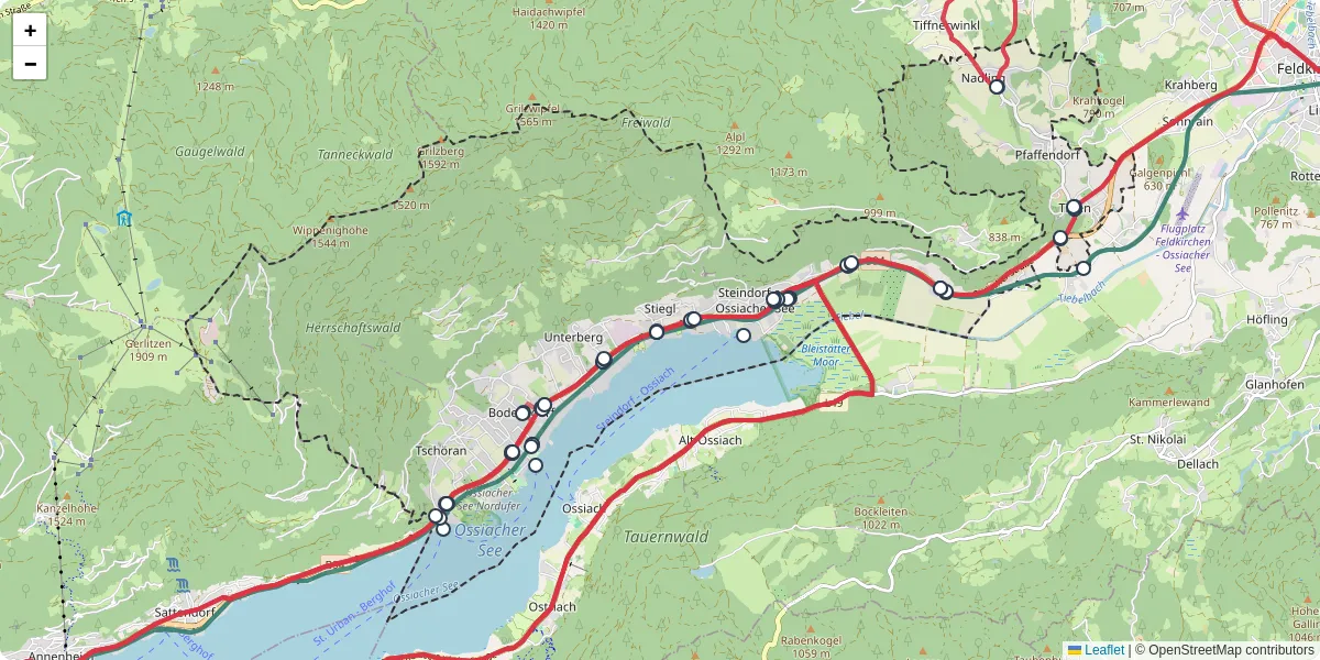 Nahverkehrsnetz in steindorf-am-ossiacher-see, Österreich - Buslinien, Haltestellen und Verbindungen auf der Karte