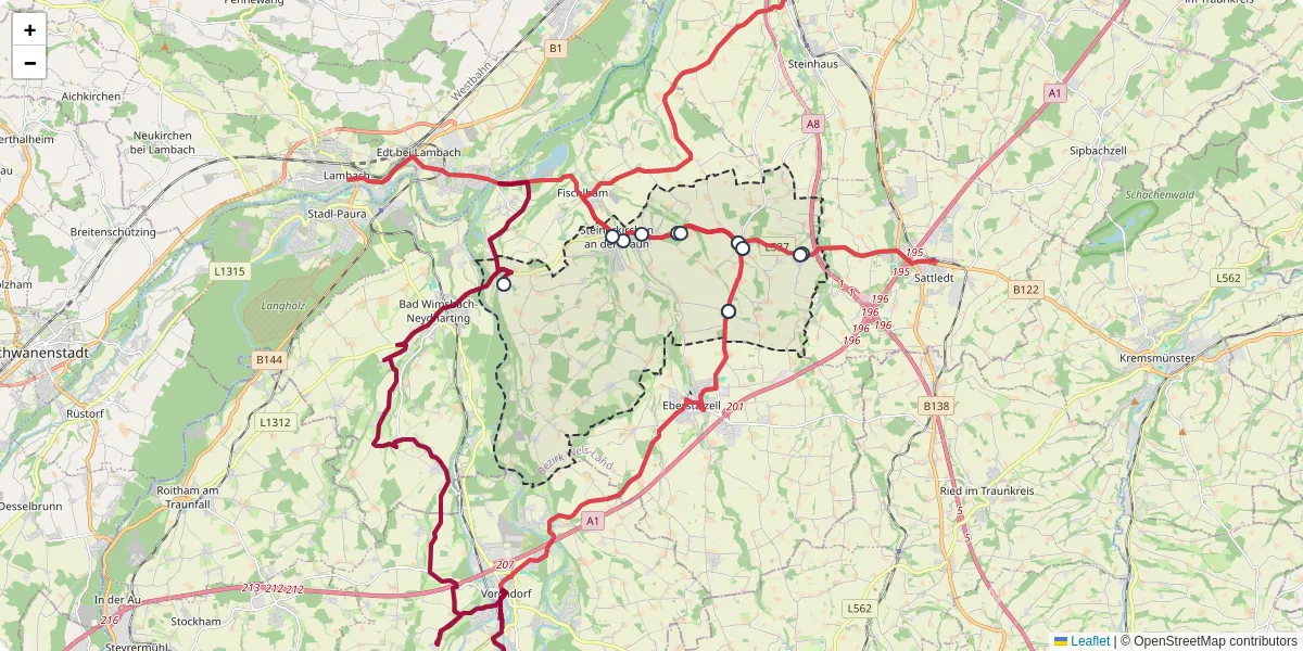 Nahverkehrsnetz in steinerkirchen-an-der-traun, Österreich - Buslinien, Haltestellen und Verbindungen auf der Karte