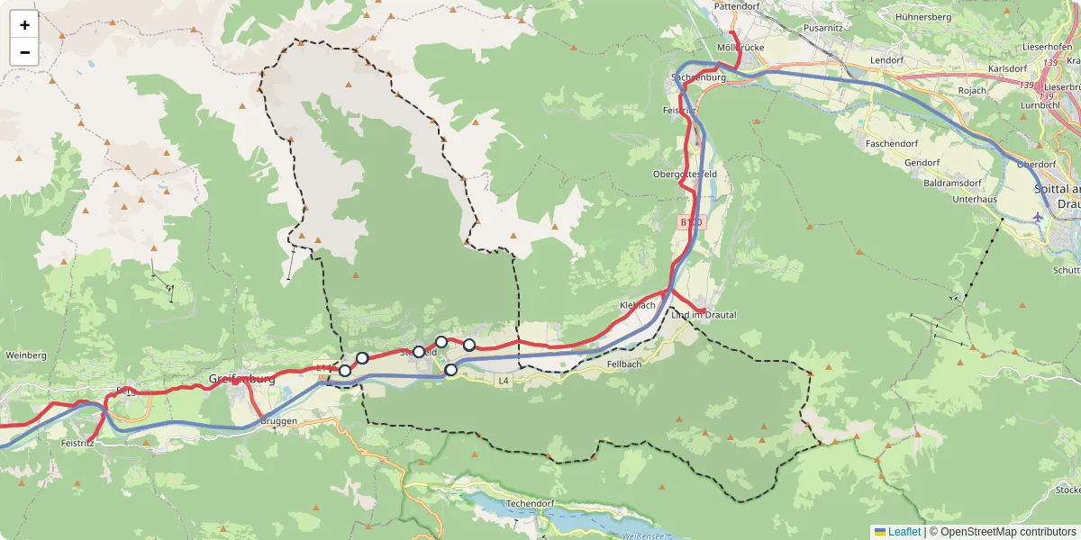 Nahverkehrsnetz in steinfeld-im-drautal, Österreich - Buslinien, Haltestellen und Verbindungen auf der Karte