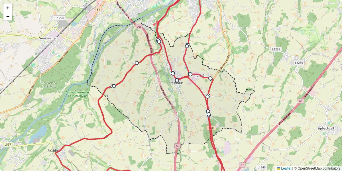 Nahverkehrsnetz in steinhaus, Österreich - Buslinien, Haltestellen und Verbindungen auf der Karte
