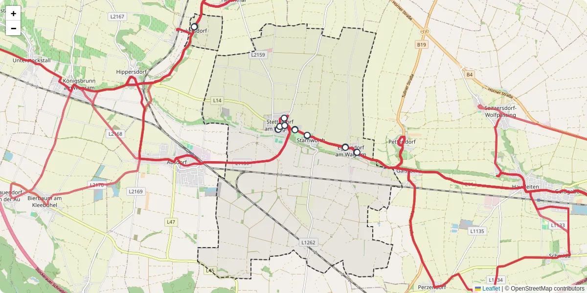 Nahverkehrsnetz in stetteldorf-am-wagram, Österreich - Buslinien, Haltestellen und Verbindungen auf der Karte