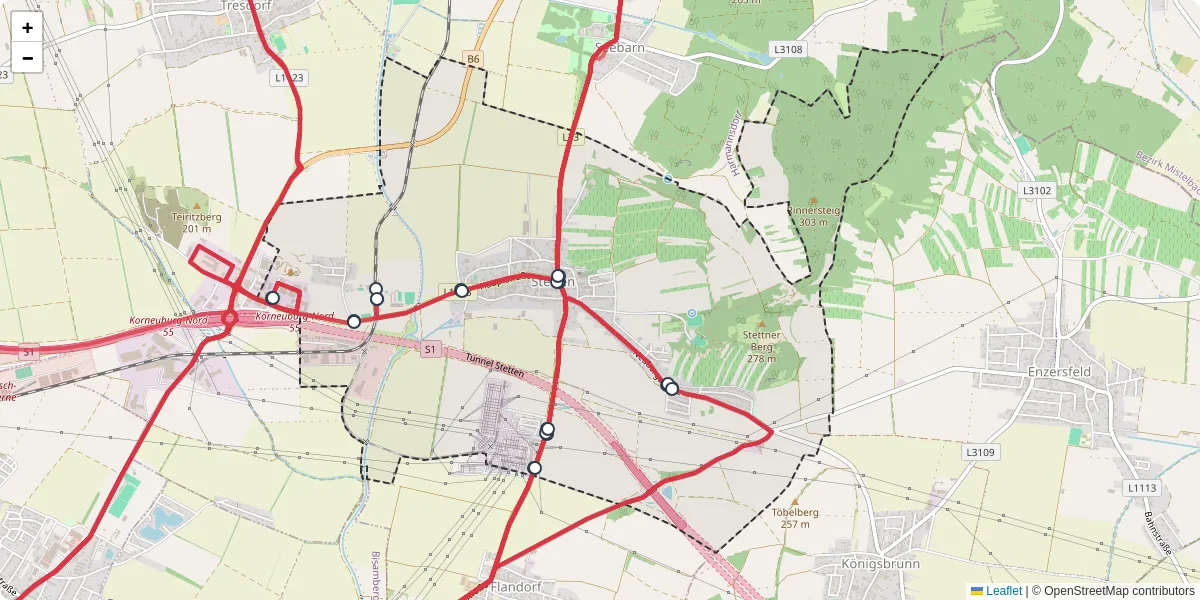 Nahverkehrsnetz in stetten, Österreich - Buslinien, Haltestellen und Verbindungen auf der Karte