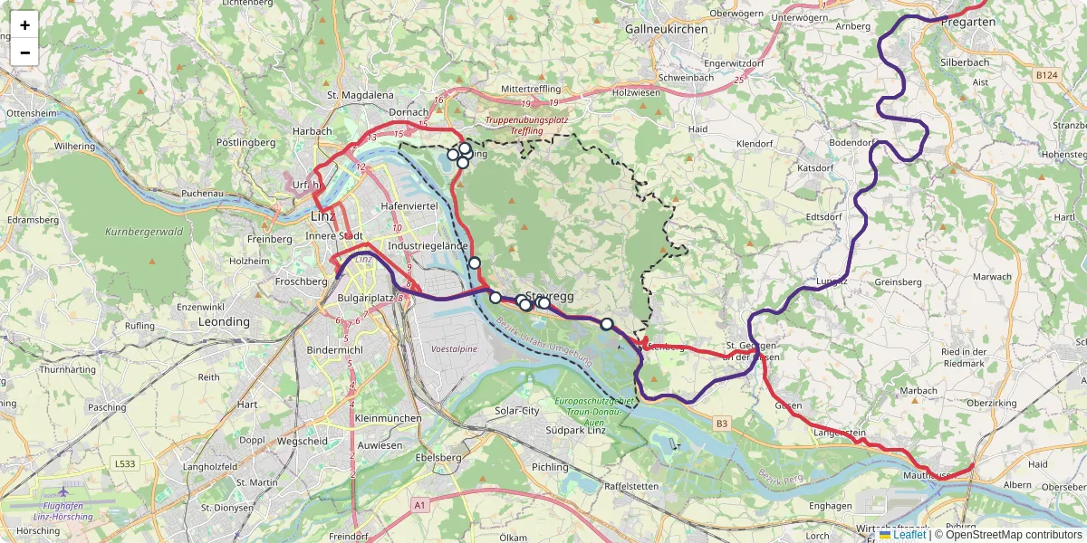 Nahverkehrsnetz in steyregg, Österreich - Buslinien, Haltestellen und Verbindungen auf der Karte