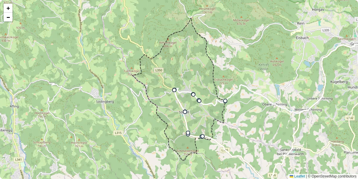 Nahverkehrsnetz in stiwoll, Österreich - Buslinien, Haltestellen und Verbindungen auf der Karte