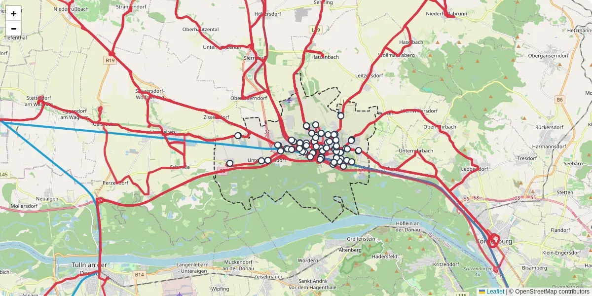 Nahverkehrsnetz in stockerau, Österreich - Buslinien, Haltestellen und Verbindungen auf der Karte