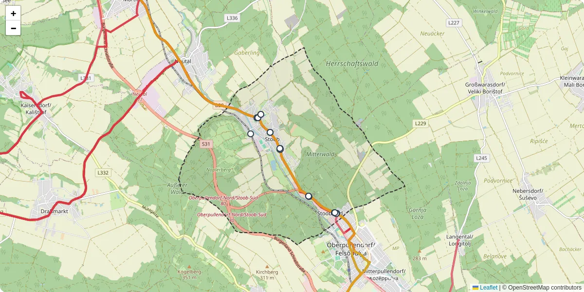 Nahverkehrsnetz in stoob, Österreich - Buslinien, Haltestellen und Verbindungen auf der Karte